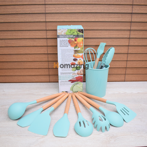 12pcs Silicone Utensil Set With Wooden Handle