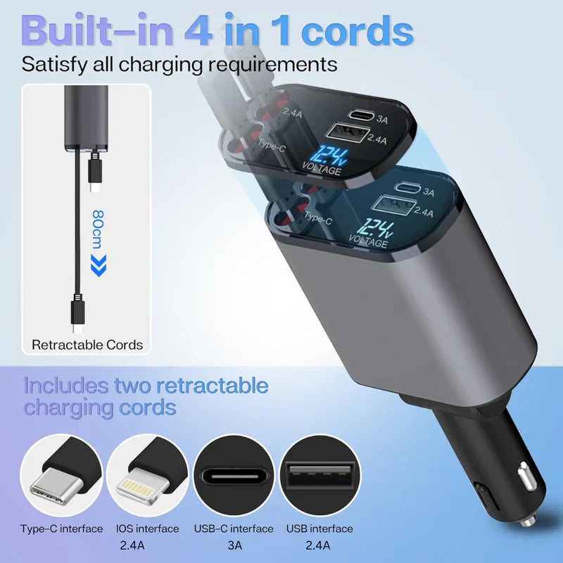 4-In-1 Retractable Car Charger-120W