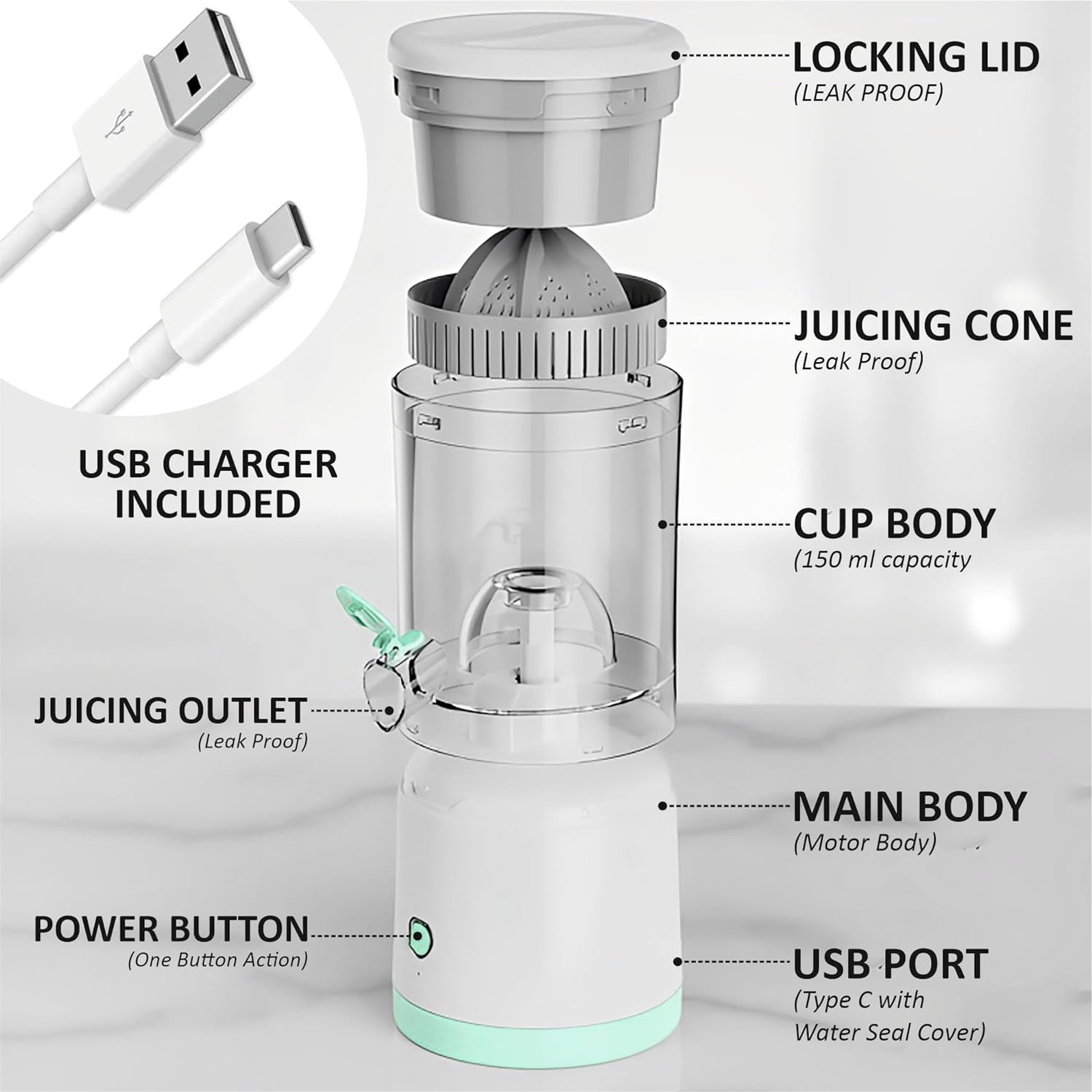 Rechargeable Citrus Juicer 45W : Portable, Type-C Charging